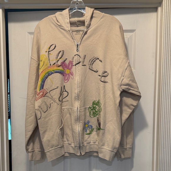 Urban Outfitters Tops - Urban outfitters Beige Zip-Up Hoodie with Rainbow Graphic